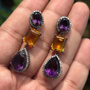 Pave Diamond Amethyst Citrine Earrings: 925 Sterling Silver Handmade Jewelry