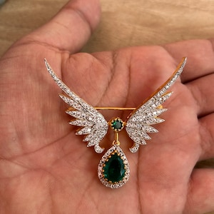 ヴィンテージ エメラルド & ダイヤモンド ブローチ/ピン 925 スターリング シルバー ユニセックス ジュエリー 18K ゴールドフィルド アクセント 高級ブローチピン 夫へのギフト