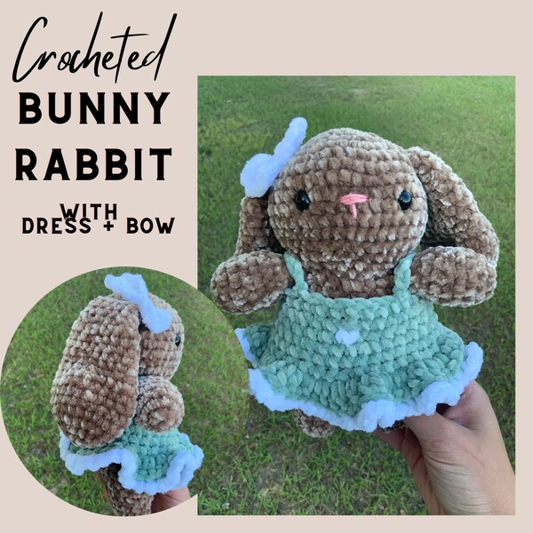 Crochet Bunny wearing a dress, crochet rabbit, crochet plushy bunny, velvet crochet plushie, crocheted rabbit, Kawaii inspired bunny