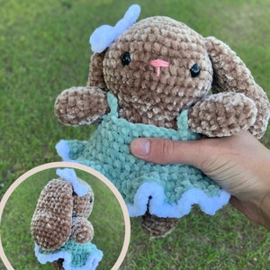 Ready To Ship Bunny plushie wearing a dress, crochet rabbit, crochet bunny, velvet crochet plushie, crocheted rabbit, Kawaii inspired bunny