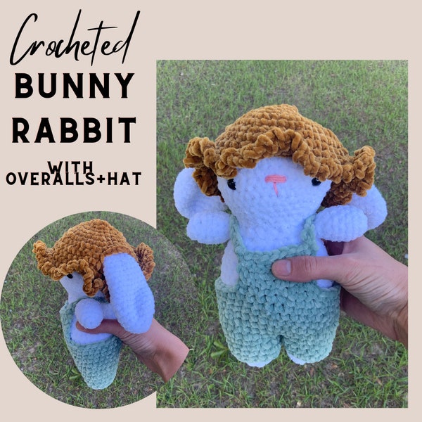 Crochet Bunny wearing overalls, crochet rabbit, crochet plushy bunny, velvet crochet plushie, crocheted rabbit, Kawaii inspired bunny