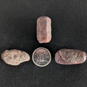 May include: Three rough, reddish-brown gemstones of varying shapes are displayed with a Canadian 10-cent coin. The gemstones have a textured surface and appear to be natural, unpolished specimens. The coin is silver with a boat design.