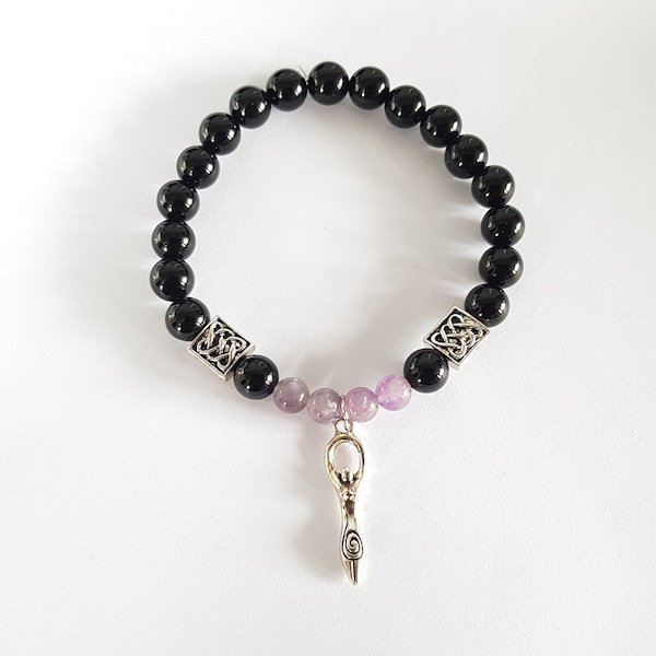 Pagan Goddess Crystal Bracelet with Charm. Obsidian. Purple Quartz