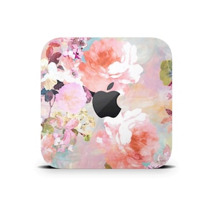 Oranje bloemenverf Mac Mini Skin, Mac Mini decoratieve wrap, schattig bloemenpatroon beschermende vinyl hoes voor Apple Mac Mini M1 M2 M4 Pro