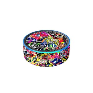 May include: A black and white round speaker with a blue ring around the top. The speaker is covered in colorful stickers with various words and logos.