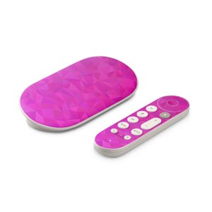 May include: A magenta-colored streaming device and remote control set. The device is an oval shape with a geometric pattern. The remote is rectangular with white buttons and a circular power button.