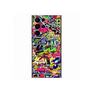 May include: A black phone case covered in colourful stickers with various text and logos, including "hellaflush", "playseat", "OMP", and "TSUYA".