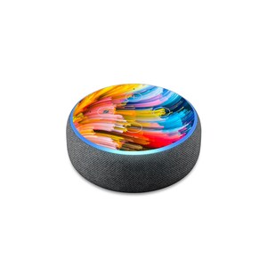 May include: A black smart speaker with a colorful abstract design on the front. The speaker has a blue light ring around the edge.