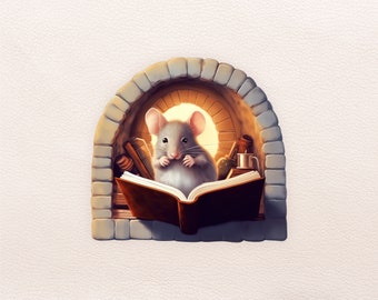 Cute Mouse Reading a Book in Mouse Hole Decal, 3d Mouse Sticker, Realistic Mouse Hole Wall Decal, Baseboard Mouse Hole Decal, Macbook Decals