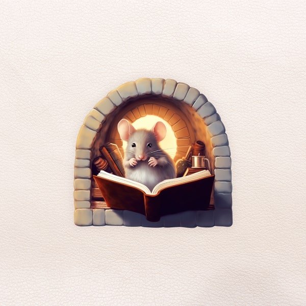 Schattige muis lezen van een boek in muisgat sticker, 3D-muis sticker, realistische muis gat muur sticker, plint muis gat sticker, MacBook stickers