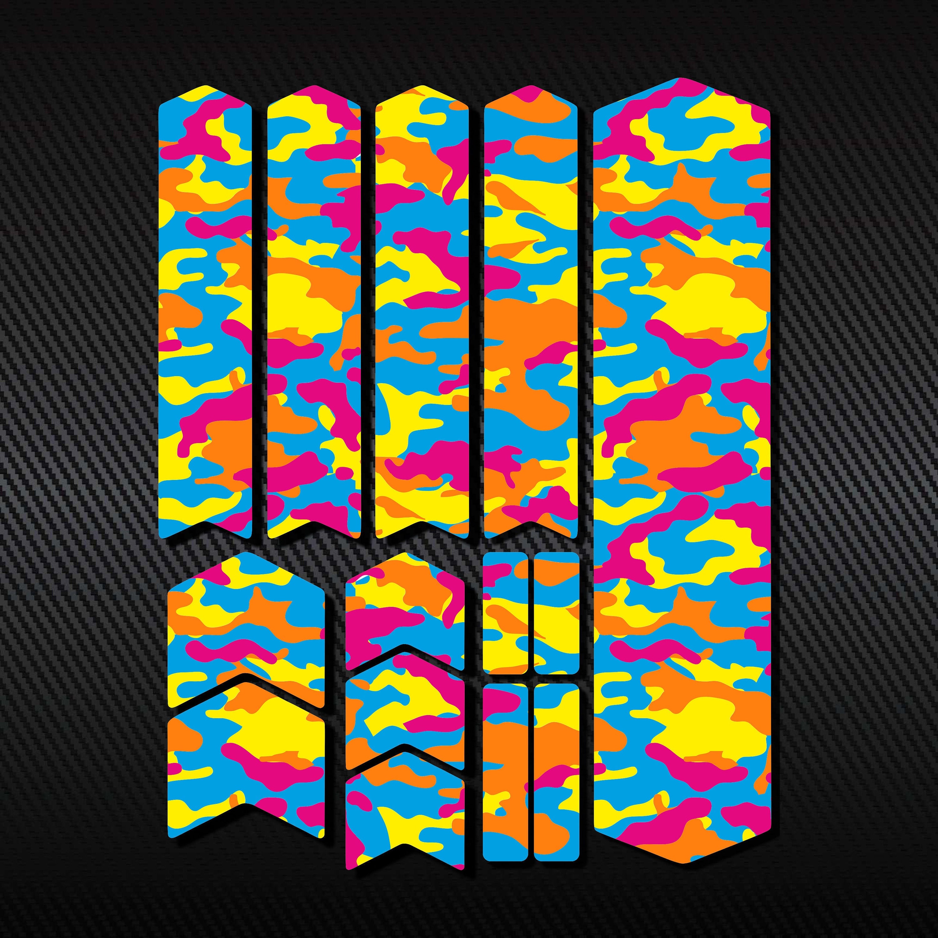 Bicycle Frame Protector Decals Set 14 Pcs / Mtb Protection Guard Scratch Proof Stickers Kit / Printed Vinyl Decal / COLORFUL Rainbow CAMO
