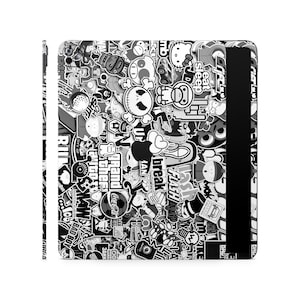 May include: Black and white sticker design with a variety of graphics and text, including "eat sleep D", "FLASH MO", "break", "MAN", "UP", "NIKE", "AME", "tou", "00", "MOTO", "ЗАНИ", "G", "SHir!", "OH", "CITY OF", "POSTED", "MASTERS AT WORK", "BUBAD BOY", "DODA", "BADID", and "GIRGA".
