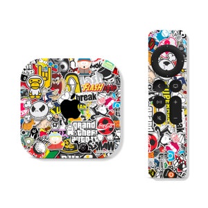 May include: A white Apple TV with a colorful sticker design featuring popular cartoon characters, logos, and phrases. The remote control has a matching sticker design.