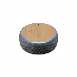May include: A gray fabric-covered smart speaker with a light blue ring around the top. The top of the speaker is covered in a wood-grain pattern with four buttons.