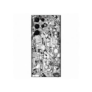 STICKERBOMB Monochrome Skin for Samsung Galaxy Smartphones, Printed Vinyl Wrap, Protective Decal Cover Sticker Bomb Bombing Pattern