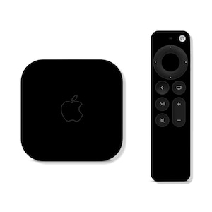 Pode incluir: Um dispositivo de streaming Apple TV preto com um logotipo da Apple branco na frente e um controle remoto preto com um touchpad circular e botões.