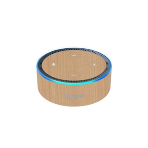 May include: A wooden Amazon Echo Dot smart speaker with a blue light ring around the top. The speaker has four buttons on the top: a plus sign, a minus sign, and two small circles.