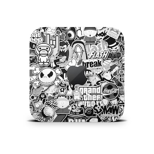 Zwart-witte stickerbomb Mac Mini Skin, Mac Mini decoratieve wrap, bombardementspatroon, gedrukte vinylsticker voor Apple Mac Mini M1 M2 M4 Pro