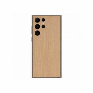 May include: A wood-grain phone case with a black camera bump and three lenses.