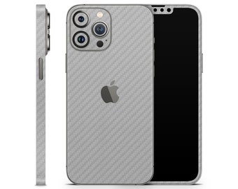 Silver CARBON Protective Skin for Apple iPhone 15 14 13 12 11 Pro Max Plus (All Models), Vinyl Cover Wrap, Carbon Fiber Look Decal Sticker