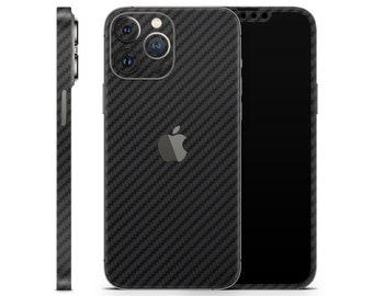 Black CARBON Protective Skin for Apple iPhone 15 14 13 12 11 Pro Max Plus (All Models), Vinyl Cover, 3D Carbon Fiber Look Wrap Decal Sticker