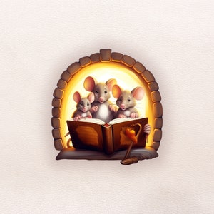 Cute Mouse Family Reading a Book in Mouse Hole Decal, 3d Mouse Sticker, Realistic Mouse Hole Wall Decal, Baseboard Mouse Hole Decal
