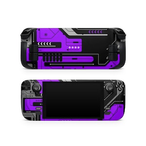May include: A purple, black, and grey gaming console skin with a geometric design. The skin features a circuit board-inspired pattern with arrows and lines. The console has a black screen and buttons. The word "STEAM" is visible.