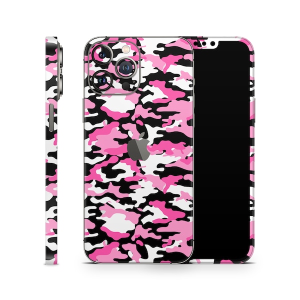 Pink CAMO Protective Skin for Apple iPhone 15 14 13 12 11 Pro Max Plus (All Models), Printed Vinyl Cover, Camouflage Wrap, Anti-Slip Decal