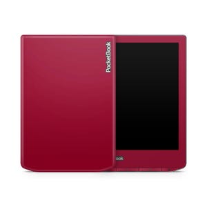 Peut inclure: Liseuse PocketBook rouge avec une housse assortie. La housse est ouverte, révélant l'écran noir de l'appareil. Le logo PocketBook est imprimé verticalement sur la housse.