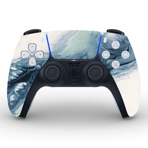 May include: A white and blue PlayStation 5 DualSense controller with a marbled design. The controller has a black PlayStation logo and black buttons.