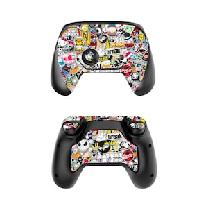 May include: A black video game controller with a colourful sticker design. The stickers feature various cartoon characters, logos, and phrases.
