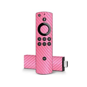 May include: Pink carbon fiber skin for an Amazon Fire TV Stick 4K and its remote control. The skin has a subtle, textured pattern.