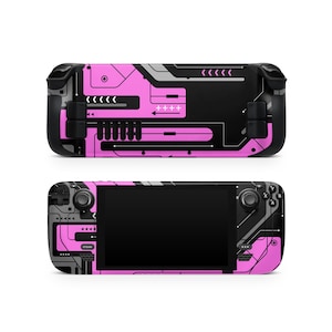 Puede incluir: Consola de juegos portátil con un diseño geométrico rosa, negro y gris. La consola tiene una pantalla negra, botones y joysticks. El diseño incluye flechas, líneas y la palabra "STEAM".