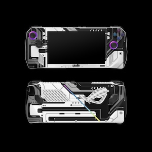 Könnte beinhalten: Handheld-Spielkonsole mit schwarzem Bildschirm, weißem und schwarzem geometrischem Design und violetten und blauen Akzenten. Die Konsole hat Tasten und Joysticks auf beiden Seiten. Die Rückseite hat ein ähnliches Design mit dem ROG-Logo.