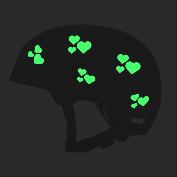 Glow in the Dark HEARTS Helmet Stickers - Vinyl Decals for Bicycle Helmets - Cute Heart Love Kids Girl Bike Accessories - Safety