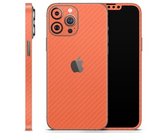 Orange CARBON Protective Skin for Apple iPhone 15 14 13 12 11 Pro Max Plus (All Models), Vinyl Cover Wrap, 3D Carbon Fiber Decal Sticker