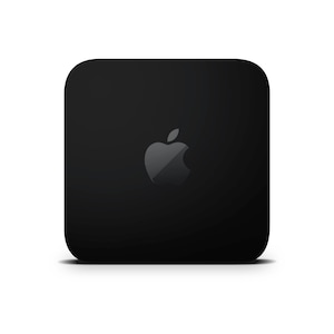 Puede incluir: Un dispositivo negro de forma cuadrada con un logotipo de Apple blanco en el centro.