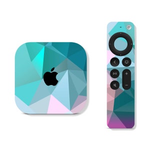 May include: A teal, blue, and pink geometric patterned skin for an Apple TV device and remote. The Apple logo is visible on the device skin.