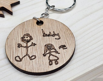 Child's Drawing Wooden Keyring, Personalized Engraved Keychain