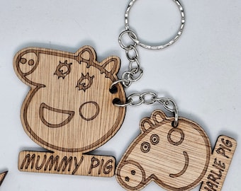 Personalised Mummy Pig Keychain – Laser Engraved Wooden Keyring, Custom Mum Gift