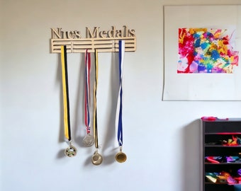 Personalized Medal Holder, Birch Plywood Display, 12-Rung Ribbon Hanger