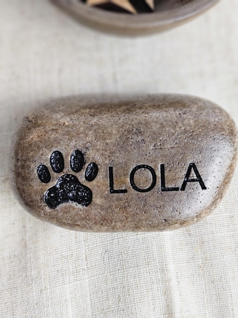 May include: A light brown stone with a black paw print and the name "LOLA" engraved on it.