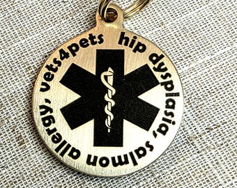 Engraved Medical Alert Dog Tag, Solid Brass.