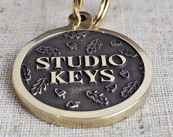 Personalized Brass Keyring, Engraved Room Keyfob, Leaves & Acorns