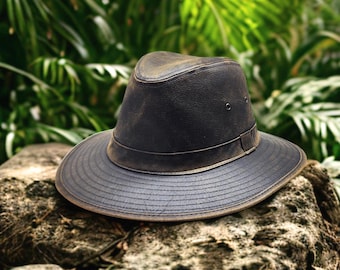 Distressed Brown Cotton Outback Hat, Waxed Safari Fedora, Men's Adventure Sun Hat, Water Resistant