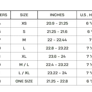 May include: A white chart with black text detailing hat sizes. The chart includes measurements in centimeters, inches, and U.S. head sizes, with sizes ranging from XS to XL and one size fits all. The inch measurements range from 20.9 to 24 inches.