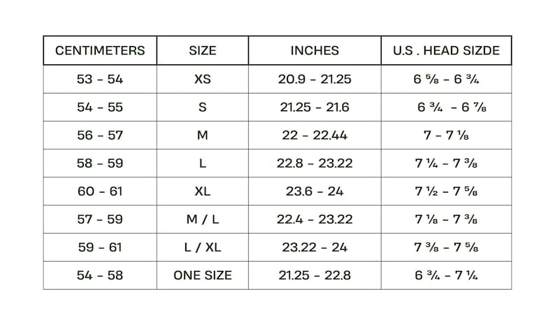 May include: A white chart with black text detailing hat sizes. The chart includes measurements in centimeters, inches, and U.S. head sizes, with sizes ranging from XS to XL and one size fits all. The inch measurements range from 20.9 to 24 inches.
