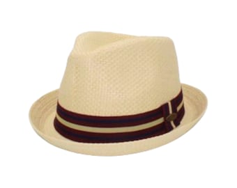 May include: A cream-colored straw fedora hat featuring a pinched crown and a short, slightly upturned brim. The hat is accented with a decorative grosgrain ribbon band in horizontal stripes of dark burgundy, tan, and white, with a small metal emblem.