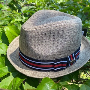 Extra Large Upbrim Brim Linen Cotton Fedora Hat with Striped Band