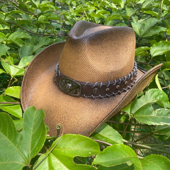 Western Cowboy Straw Hat With Longhorn: Faux Leather Band - Etsy display picture 2